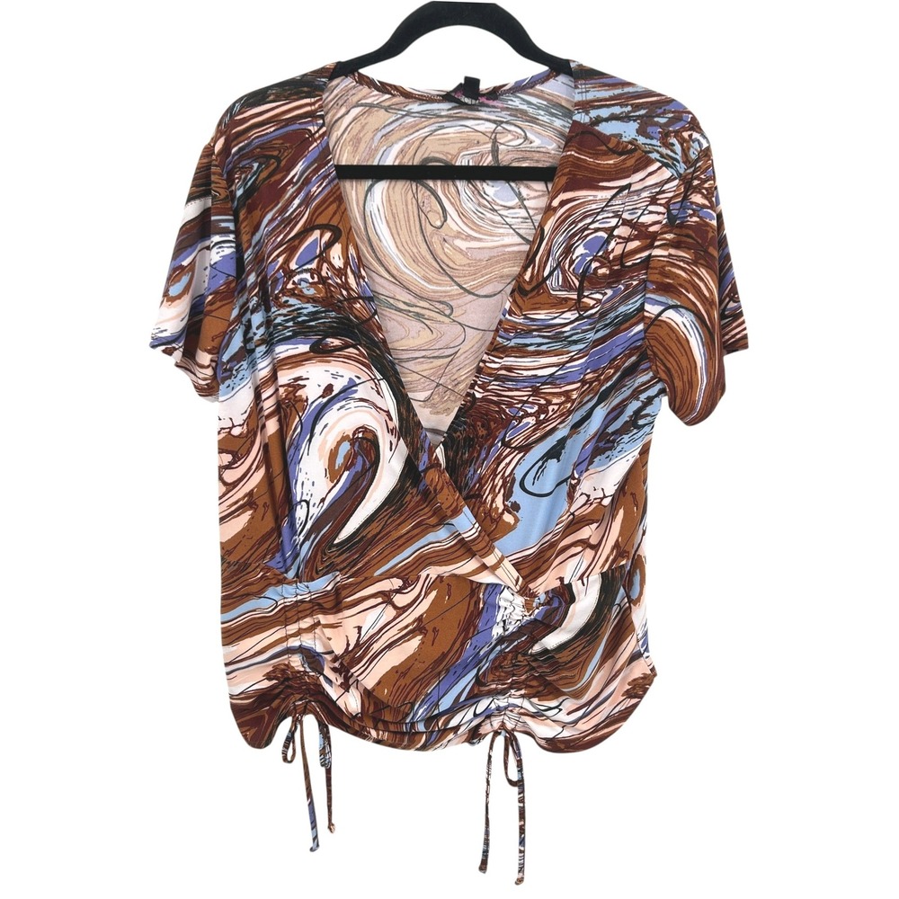 Y2K‎ Psychedelic Earthy Boho Ruched Hem Top 1X Brown Blue Abstract Indie Retro
